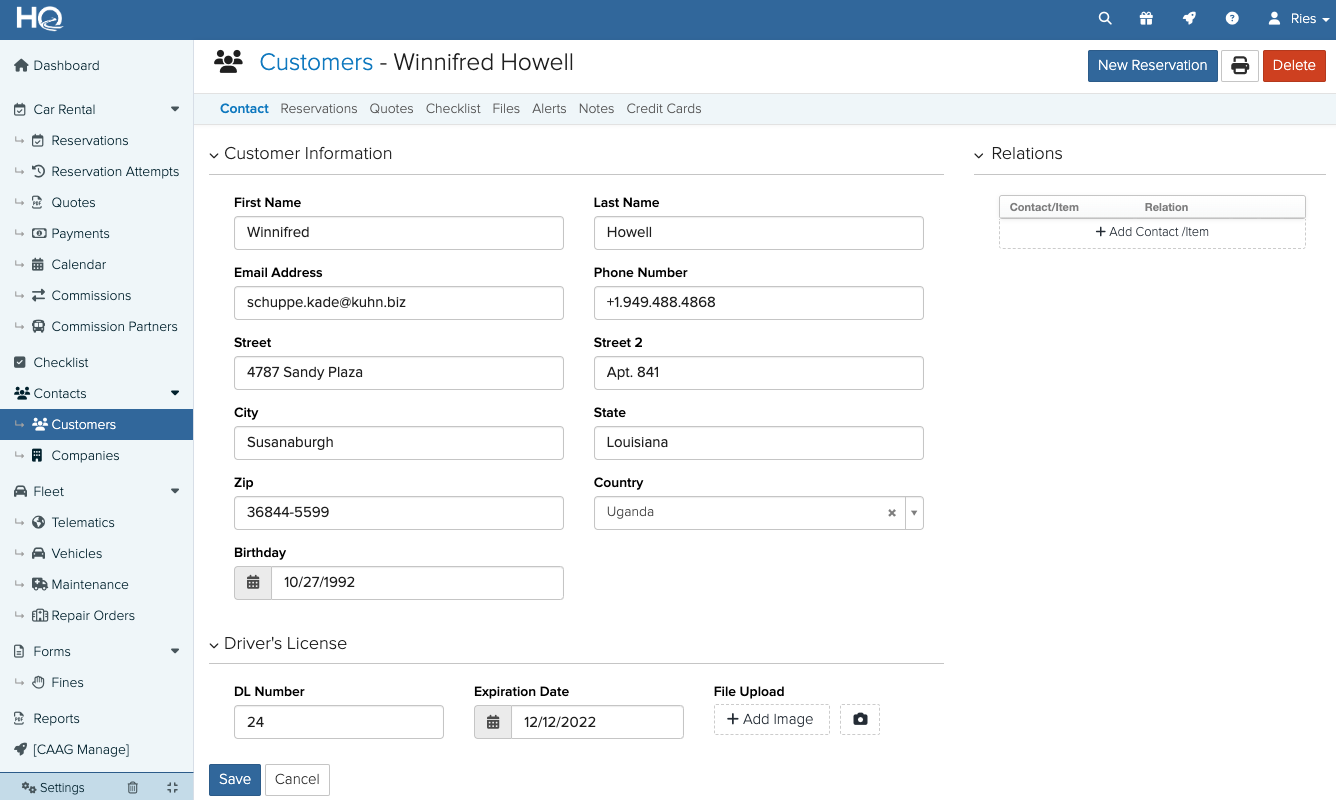 screenshot of HQ Rental Software
